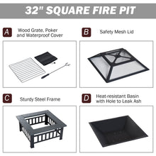 32" Steel Square Outdoor Patio Wood Burning Fire Pit Table Top Set