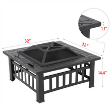 32'' Outdoor Metal Fire Pit Square Garden Stove Brazier for Barbecue, Heating, Cooling Drinks w/Cover & Poker Black