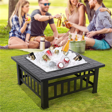 32'' Outdoor Metal Fire Pit Square Garden Stove Brazier for Barbecue, Heating, Cooling Drinks w/Cover & Poker Black