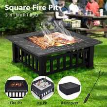 32'' Outdoor Metal Fire Pit Square Garden Stove Brazier for Barbecue, Heating, Cooling Drinks w/Cover & Poker Black