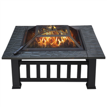 32'' Outdoor Metal Fire Pit Square Garden Stove Brazier for Barbecue, Heating, Cooling Drinks w/Cover & Poker Black