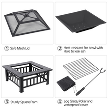 32'' Outdoor Metal Fire Pit Square Garden Stove Brazier for Barbecue, Heating, Cooling Drinks w/Cover & Poker Black