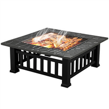 32'' Outdoor Metal Fire Pit Square Garden Stove Brazier for Barbecue, Heating, Cooling Drinks w/Cover & Poker Black