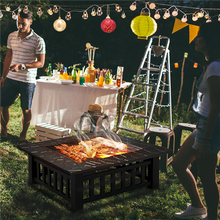 32'' Outdoor Metal Fire Pit Square Garden Stove Brazier for Barbecue, Heating, Cooling Drinks w/Cover & Poker Black
