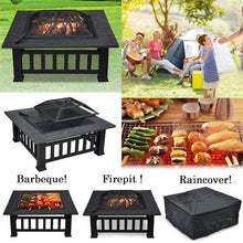 32'' Outdoor Metal Fire Pit Square Garden Stove Brazier for Barbecue, Heating, Cooling Drinks w/Cover & Poker Black