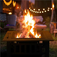 32'' Outdoor Metal Fire Pit Square Garden Stove Brazier for Barbecue, Heating, Cooling Drinks w/Cover & Poker Black