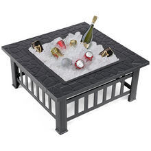 32'' Outdoor Metal Fire Pit Square Garden Stove Brazier for Barbecue, Heating, Cooling Drinks w/Cover & Poker Black